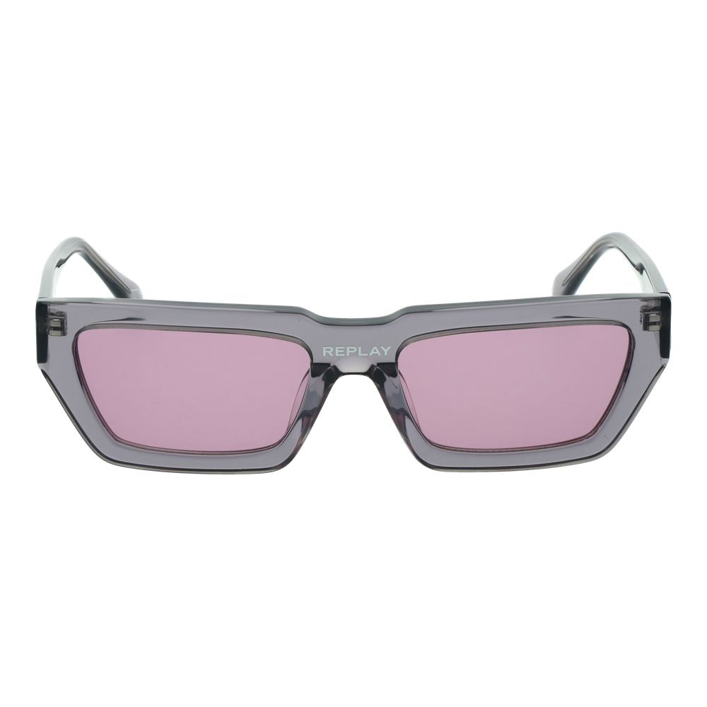 Sunglasses by Replay for unisex in plastic and gray presents a sumptuous silhouette, featuring gray coloured frame and rectangle full-rim frame design with non-polarized category-2-medium-tint lens for a sumptuous look.