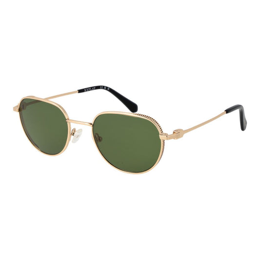 Sunglasses by Replay for men in metal gold showcases a ethereal silhouette, featuring gold coloured frame full-rim panto frame design with non-polarized category-3-dark-tint lens for a ethereal finish.