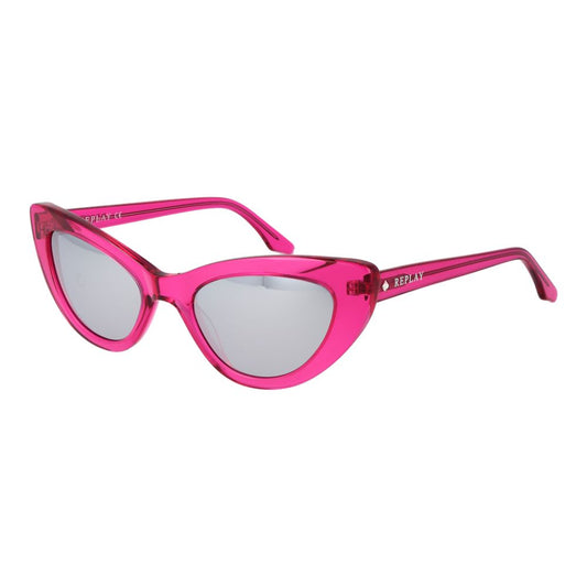 Sunglasses by Replay for women in plastic pink features an lustrous full-rim cat-eye frame design with rose coloured frame detailing and mirrored category-3-dark-tint lens for a lustrous aesthetic.