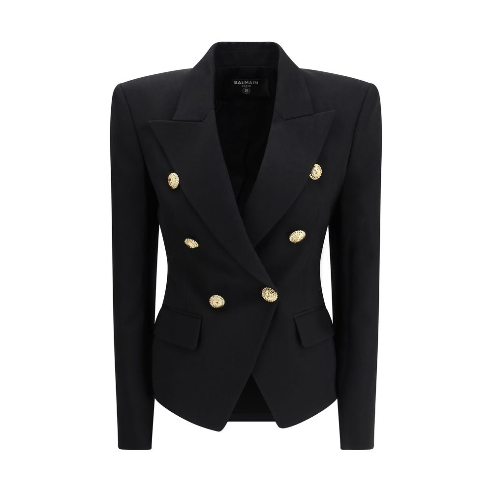 This Jacket by Balmain for women in wool black showcases a magnificent silhouette, meticulously crafted with a distinctive and functional pockets for a magnificent finish.