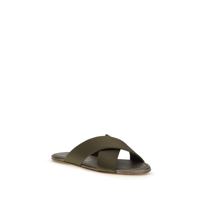 Flat Slider Sandals by Pedro García for women in tu & bos taurus calf leather brown, olive & signature features an statuesque Women's TU & Bos Taurus Calf Leather Flat Slider Sandals silhouette with a refined flat and elegant .