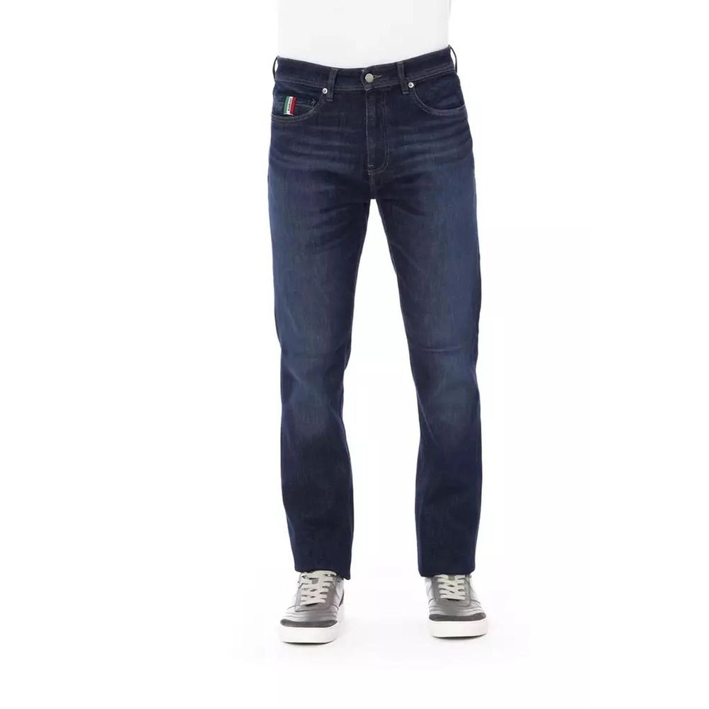 Jeans by Baldinini Trend for men in stretch polyester cotton denim blue presents a refined pantology silhouette, artfully defined by a refined pantology regular-fit, long, and a sophisticated .