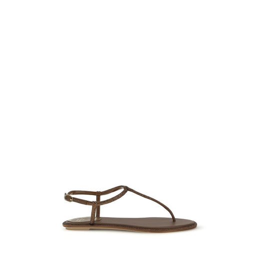 Flat Flip-Flop Sandals by RENE CAOVILLA for women in silk satin & crystal brown features an statuesque Women's Silk Satin & Crystal Flat Flip-Flop Sandals silhouette with a refined flat and elegant round toe style.