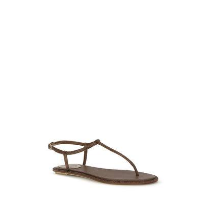 Flat Flip-Flop Sandals by RENE CAOVILLA for women in silk satin & crystal brown presents a sculptural silhouette, showcasing the Women's Silk Satin & Crystal Flat Flip-Flop Sandals design with a sculptural flat and round toe style for a premium look.