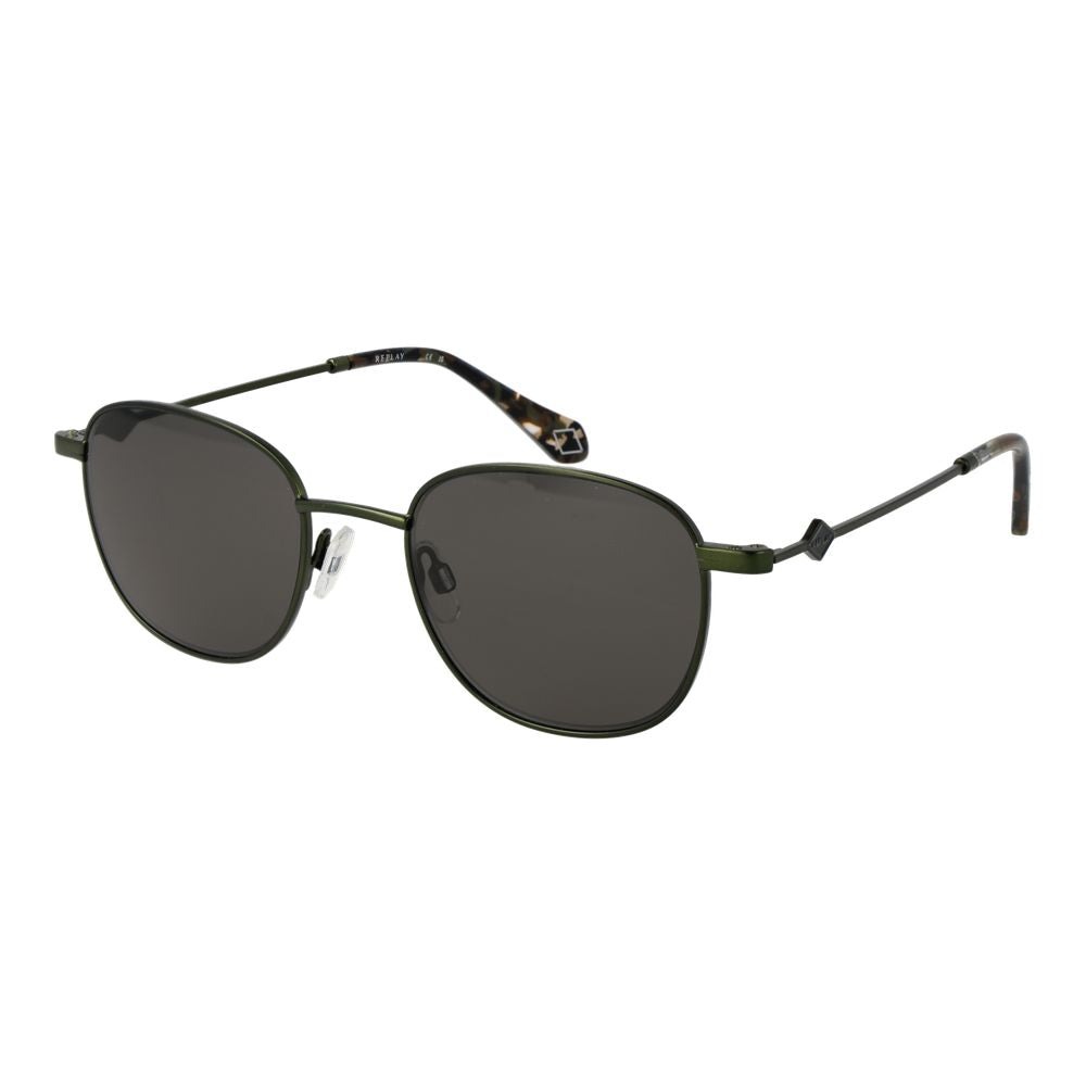Sunglasses by Replay for unisex in metal multicolor features an lustrous full-rim oval frame design with green coloured frame detailing and non-polarized category-3-dark-tint lens for a lustrous aesthetic.