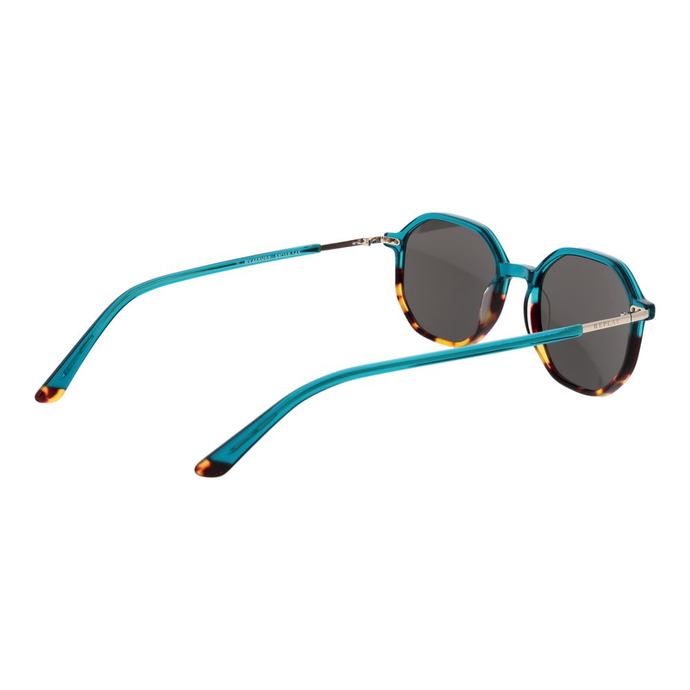Sunglasses by Replay for unisex in plastic turquoise features an lustrous full-rim frame design with turquoise coloured frame detailing and non-polarized category-3-dark-tint lens for a lustrous aesthetic.