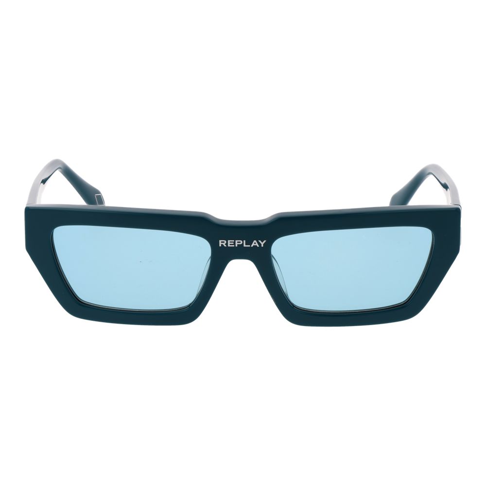 Sunglasses by Replay for unisex in plastic turquoise features an lustrous rectangle full-rim frame design with turquoise coloured frame detailing and non-polarized category-1-light-tint lens for a lustrous aesthetic.