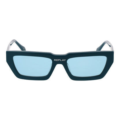 Sunglasses by Replay for unisex in plastic turquoise features an lustrous rectangle full-rim frame design with turquoise coloured frame detailing and non-polarized category-1-light-tint lens for a lustrous aesthetic.