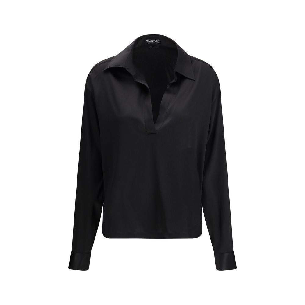 Dress Shirt by Tom Ford for women in silk satin black & signature features an architectural silhouette with a refined long-sleeve and elegant for a architectural look.