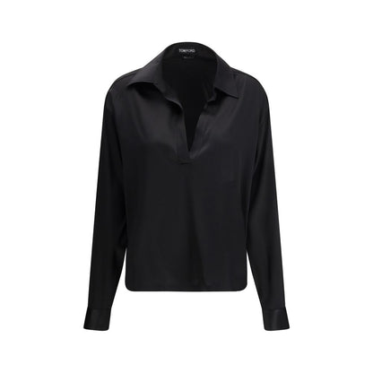 Dress Shirt by Tom Ford for women in silk satin black & signature features an architectural silhouette with a refined long-sleeve and elegant for a architectural look.