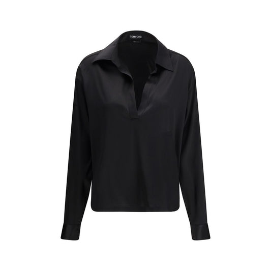 Dress Shirt by Tom Ford for women in silk satin black & signature features an architectural silhouette with a refined long-sleeve and elegant for a architectural look.