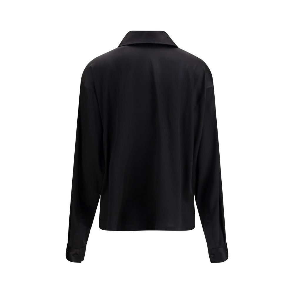 Dress Shirt by Tom Ford for women in silk satin black & signature showcases a sleek silhouette, elegantly detailed with a sleek and for a sleek finish.