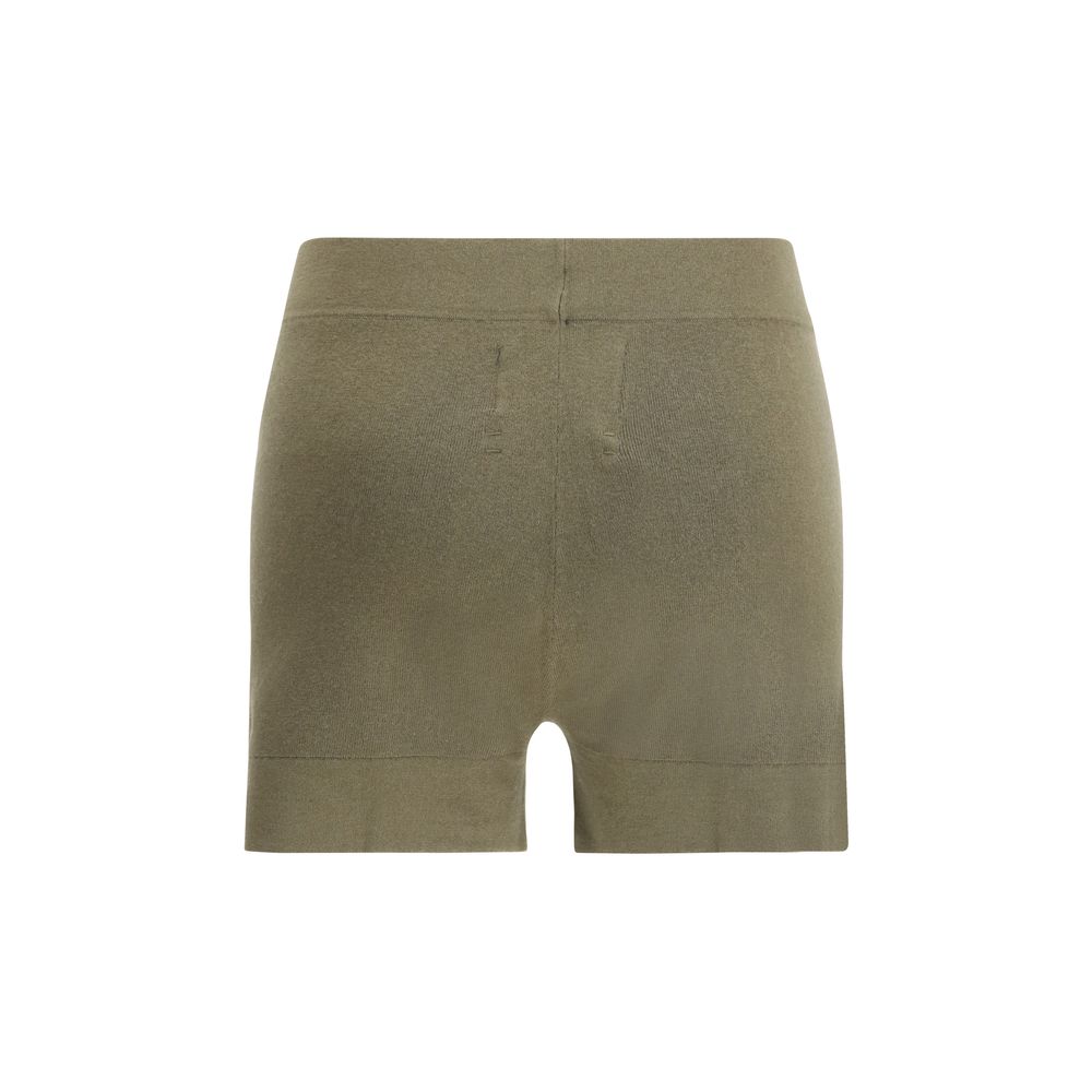 Bermuda Shorts by Extreme Cashmere for women in cashmere cotton & capra leather bicolour features a sartorial silhouette, showcasing a sartorial slim and short with a sophisticated for a sartorial look.