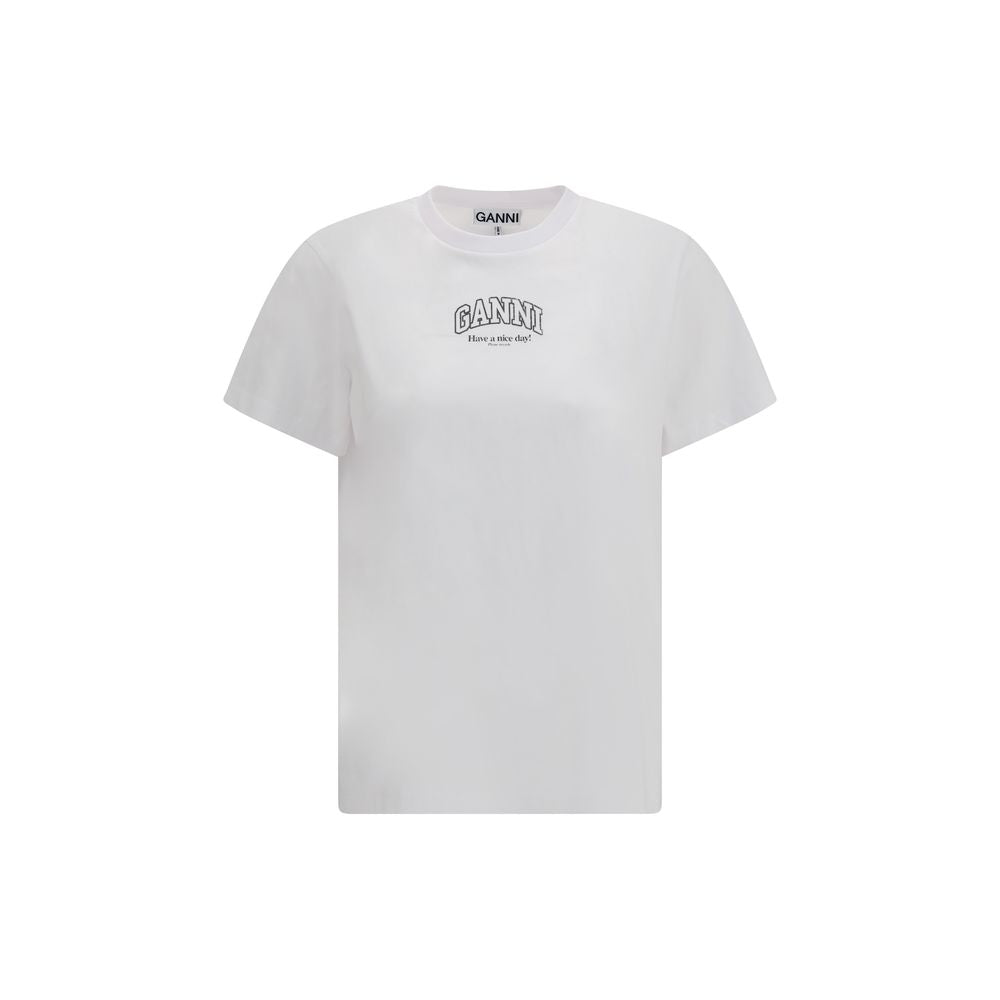 T-Shirt by Ganni for women in cotton white & signature showcases a dramatic silhouette, elegantly detailed with a dramatic round neckline and short-sleeve for a truly dramatic finish.