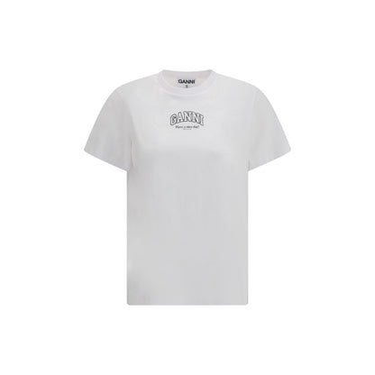 T-Shirt by Ganni for women in cotton white & signature showcases a dramatic silhouette, elegantly detailed with a dramatic round neckline and short-sleeve for a truly dramatic finish.