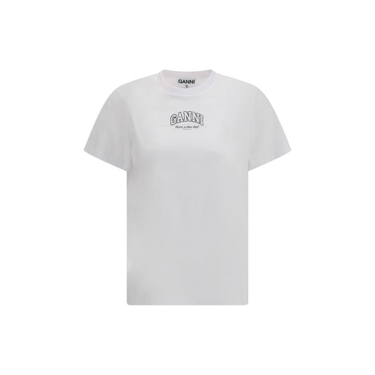 T-Shirt by Ganni for women in cotton white & signature showcases a dramatic silhouette, elegantly detailed with a dramatic round neckline and short-sleeve for a truly dramatic finish.