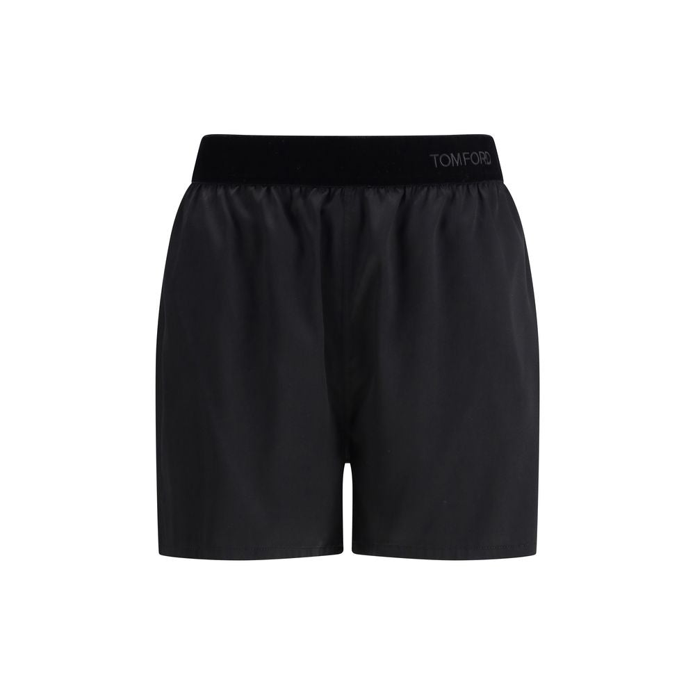 Bermuda Shorts by Tom Ford for women in silk satin black features a sartorial silhouette, showcasing a sartorial relaxed-fit & regular-fit and short with a sophisticated for a sartorial look.