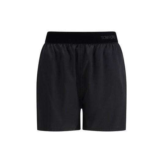 Bermuda Shorts by Tom Ford for women in silk satin black features a sartorial silhouette, showcasing a sartorial relaxed-fit & regular-fit and short with a sophisticated for a sartorial look.