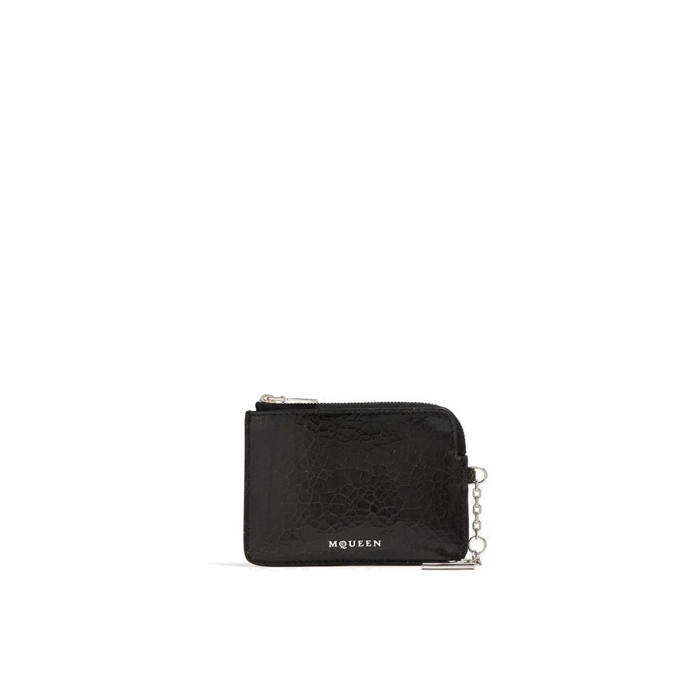 Clutch Handbag by Alexander McQueen for unisex in calfskin suede leather black & silver features a statuesque silhouette, showcasing a secure zipper and organized cardholder with versatile for statuesque evening wear.