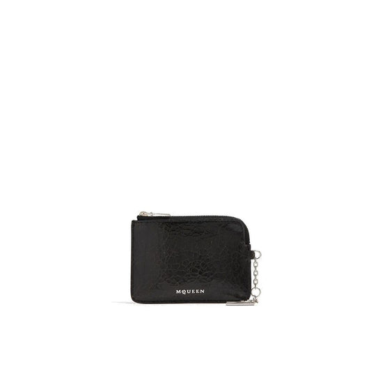 Clutch Handbag by Alexander McQueen for unisex in calfskin suede leather black & silver features a statuesque silhouette, showcasing a secure zipper and organized cardholder with versatile for statuesque evening wear.
