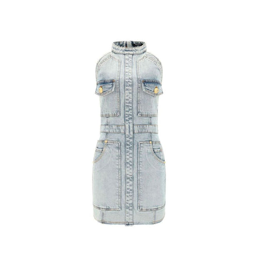 Dress by Balmain for women in stretch cotton blue presents a sinuous silhouette, showcasing a sophisticated and sleeveless detailed with a sinuous for a refined finish.