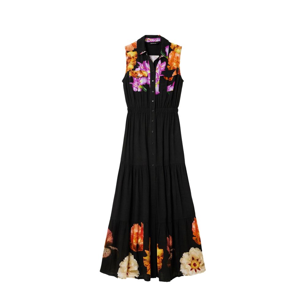 Dress by Desigual for women in viscose black, patterned & floral features a dramatic silhouette, showcasing an elegant and sleeveless that flows into a dramatic long.
