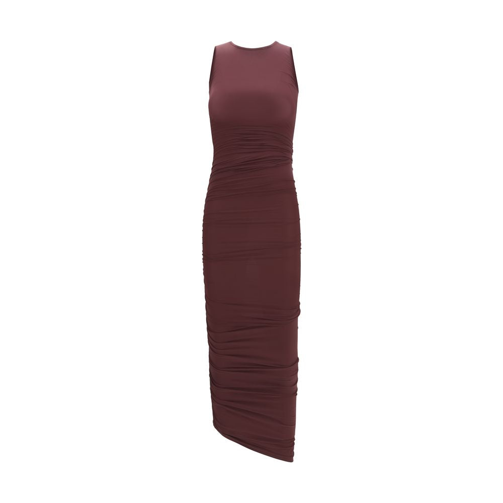 Dress by Wolford for women in stretch polyamide bordeaux presents a sinuous silhouette, showcasing a sophisticated round asymmetric neckline and sleeveless detailed with a sinuous midi for a refined finish.