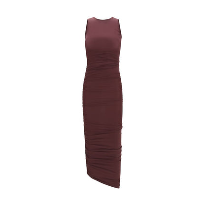 Dress by Wolford for women in stretch polyamide bordeaux presents a sinuous silhouette, showcasing a sophisticated round asymmetric neckline and sleeveless detailed with a sinuous midi for a refined finish.