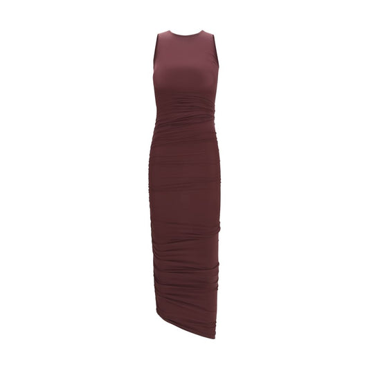 Dress by Wolford for women in stretch polyamide bordeaux presents a sinuous silhouette, showcasing a sophisticated round asymmetric neckline and sleeveless detailed with a sinuous midi for a refined finish.