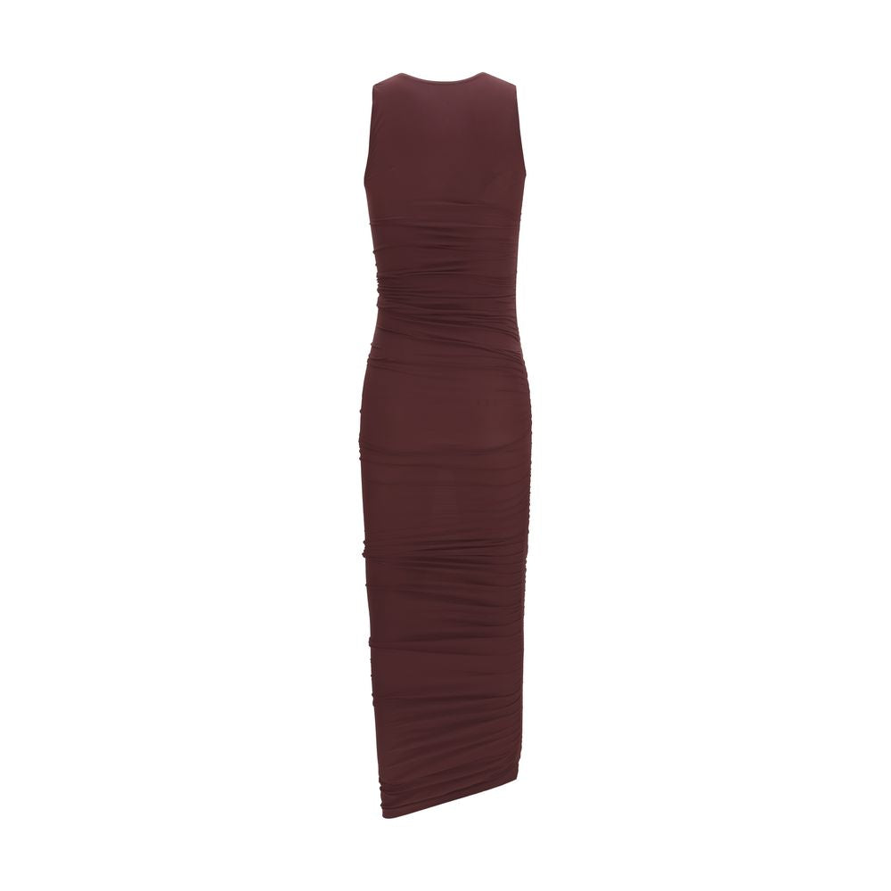 Dress by Wolford for women in stretch polyamide bordeaux showcases a striking silhouette, elegantly detailed with a , refined round asymmetric neckline, and a striking midi for a striking finish.