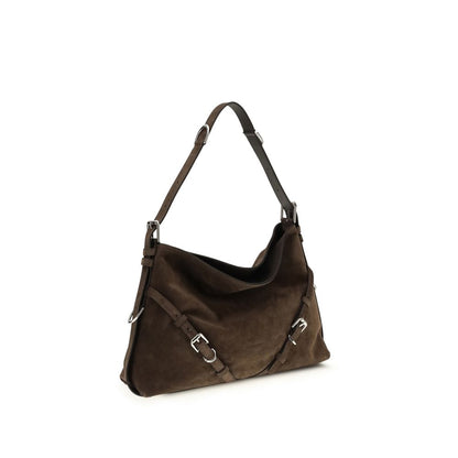 Medium Shoulder Bag by Givenchy for women in bos taurus suede calf leather black, gold & signature presents a versatile silhouette, showcasing a secure zipper & buckle and versatile with versatile shoulder-strap & adjustable-strap for a sophisticated look.