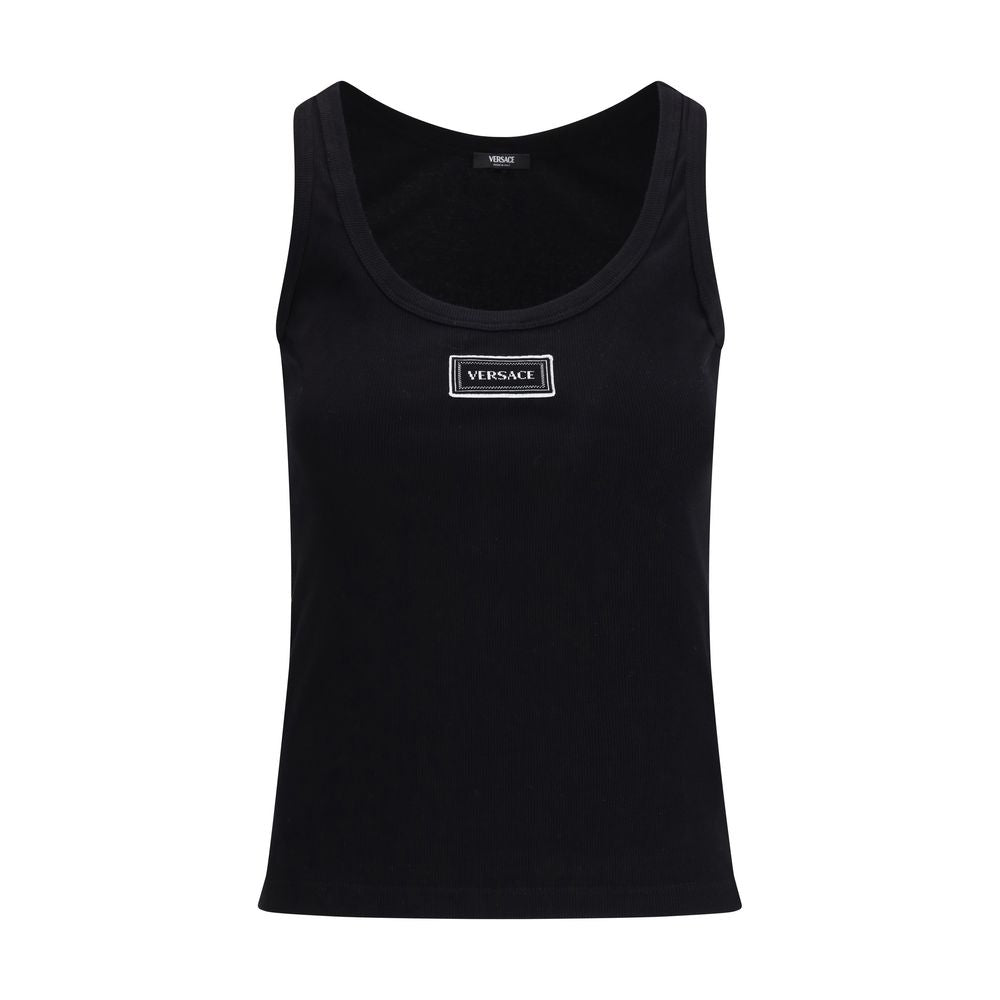 Versace Women's Slim Sleeveless Stretch Cotton Activewear T-Shirt - Black Jacquard Signature