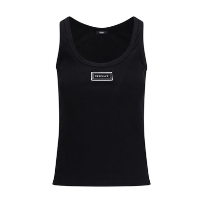 Versace Women's Slim Sleeveless Stretch Cotton Activewear T-Shirt - Black Jacquard Signature