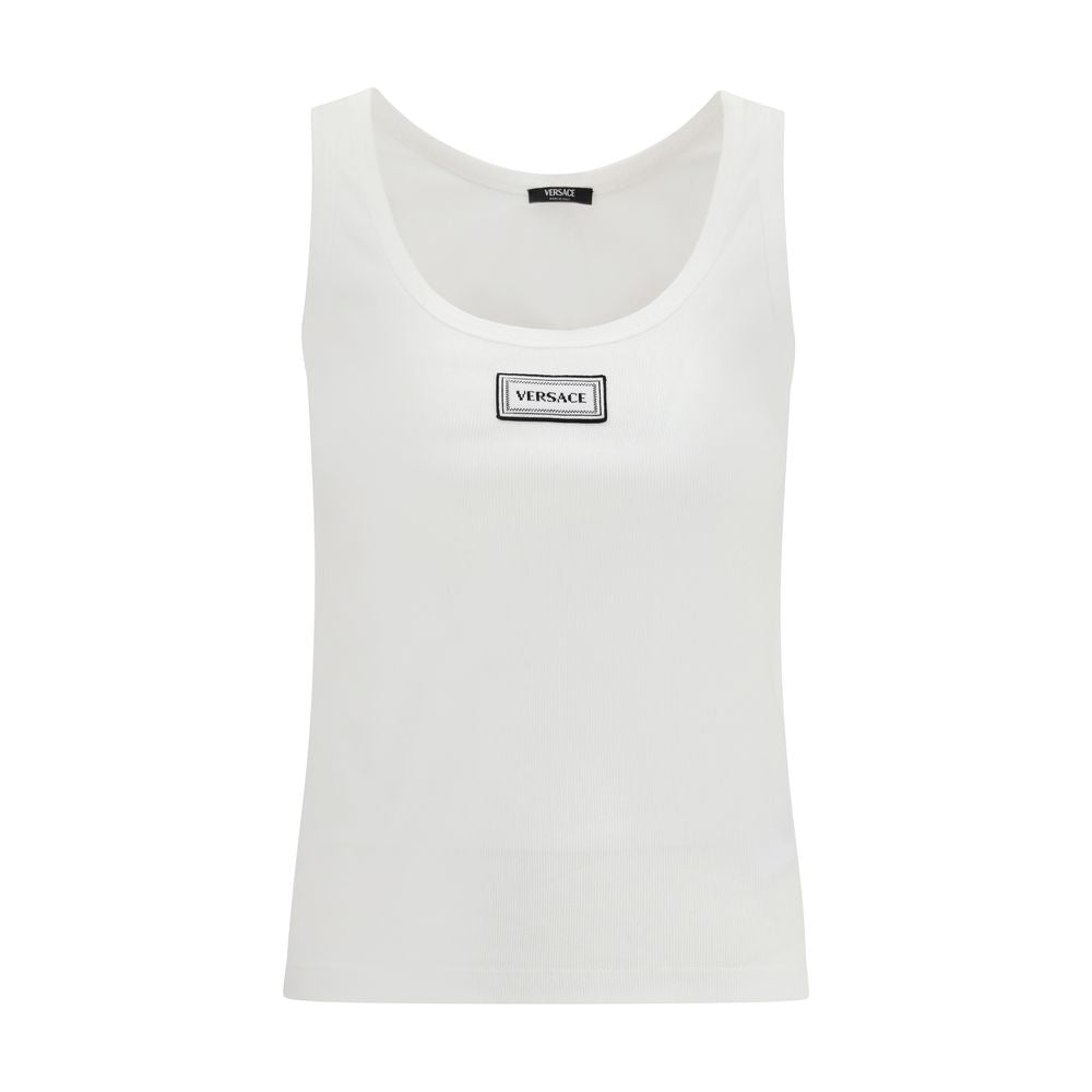 Versace Women's Slim Sleeveless Stretch Cotton Activewear T-Shirt - White Jacquard Signature