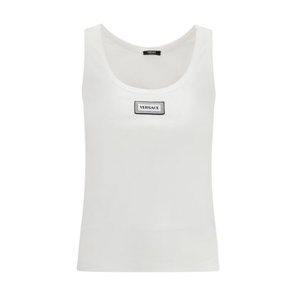 Versace Women's Slim Sleeveless Stretch Cotton Activewear T-Shirt - White Jacquard Signature