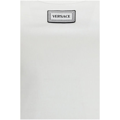 Versace Women's Slim Sleeveless Stretch Cotton Activewear T-Shirt - White Jacquard Signature