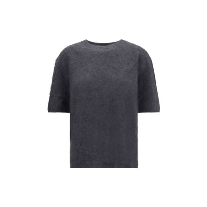 This Sweater by Lisa Yang for women in cashmere & capra leather gray & signature presents a understated silhouette, featuring a sophisticated crew neckline and short-sleeve for a understated finish.