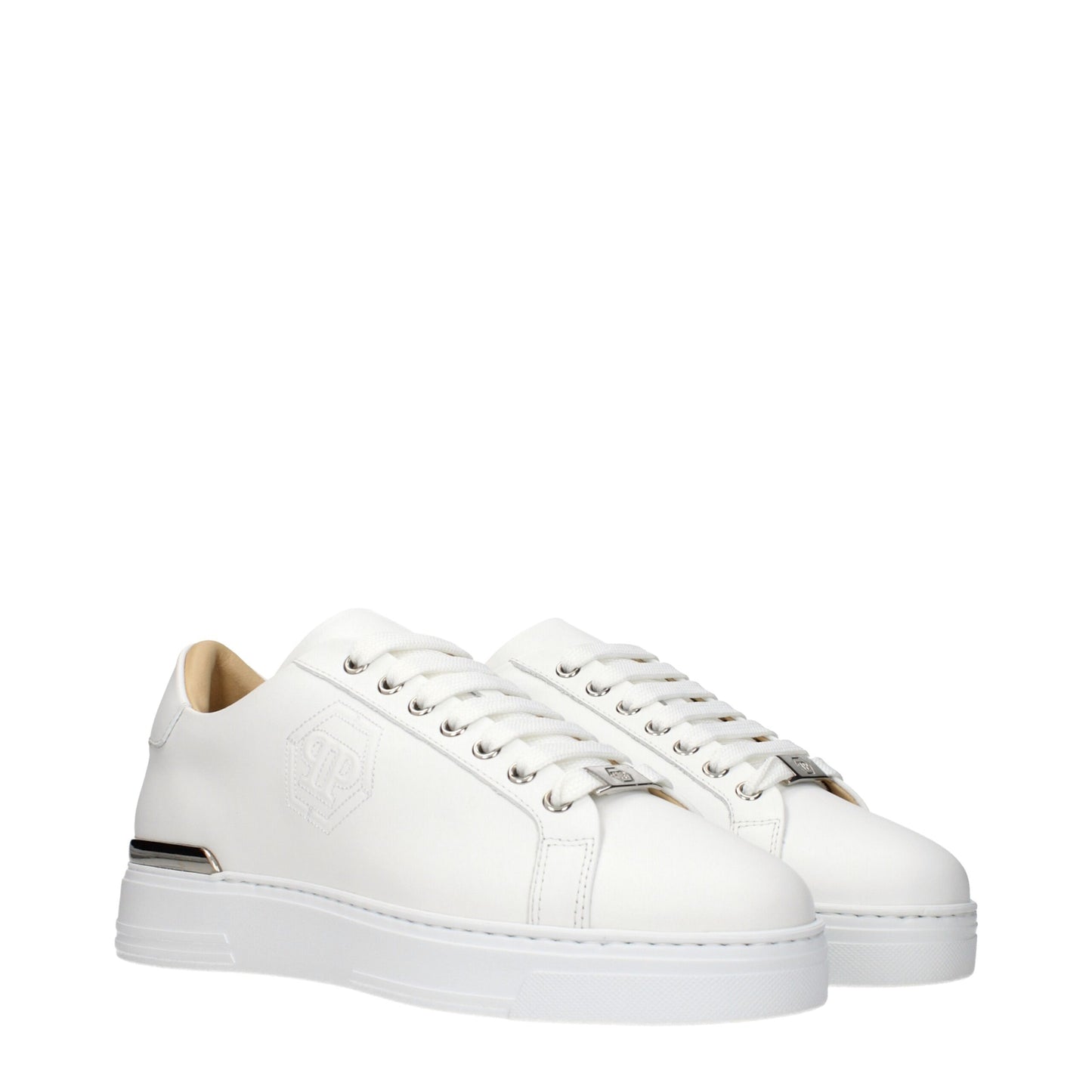 Sneakers by Philipp Plein for men in leather white presents a on trend silhouette from the Men's Low Top Leather Sneakers collection, showcasing a on trend low-top style for an elevated aesthetic.