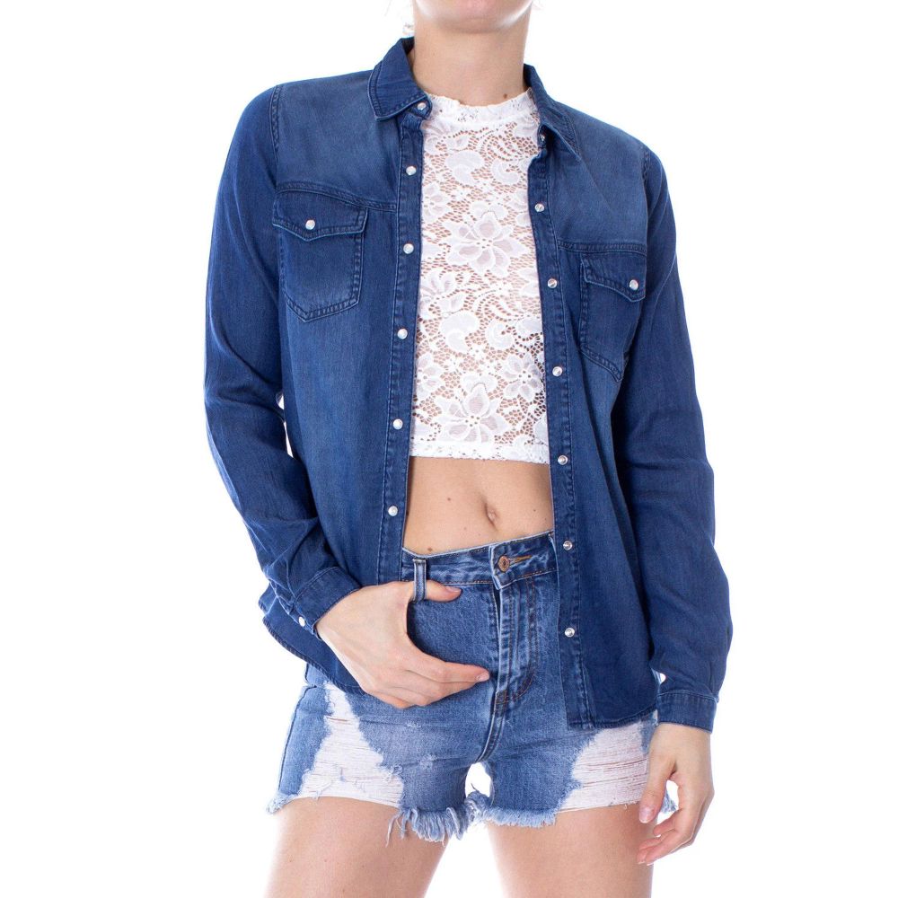 Shirt by Vila Clothes for women in lyocell & denim cotton blue & patterned, featuring a nuanced long-sleeve and nuanced for a sophisticated finish.