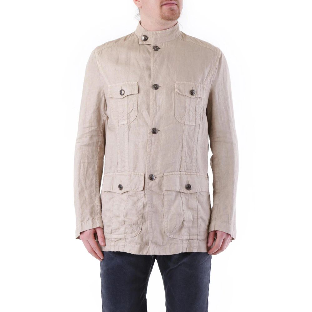 Overcoat by Husky for men in linen beige features an voluminous silhouette, showcasing distinct pockets and a voluminous mandarin neckline for a truly voluminous aesthetic.