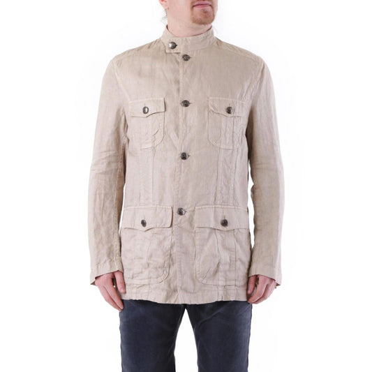 Overcoat by Husky for men in linen beige features an voluminous silhouette, showcasing distinct pockets and a voluminous mandarin neckline for a truly voluminous aesthetic.