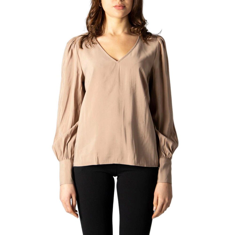 Blouse by Vila Clothes for women in silk beige & patterned showcases a sleek silhouette, elegantly detailed with a sleek v-neck neckline and long-sleeve for a sleek finish.