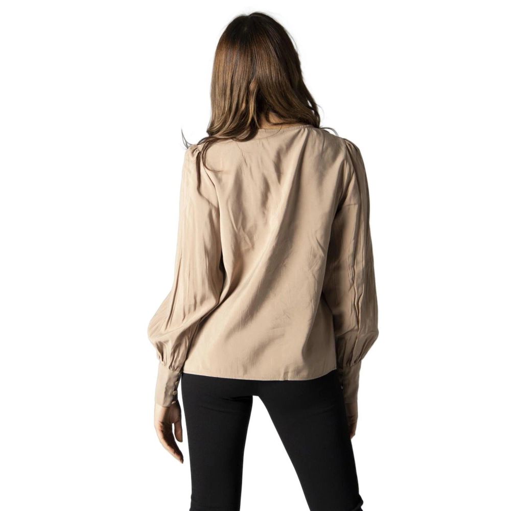 Blouse by Vila Clothes for women in silk beige & patterned showcases a sublime silhouette, artfully detailed with a sublime and for a sophisticated, sublime finish.