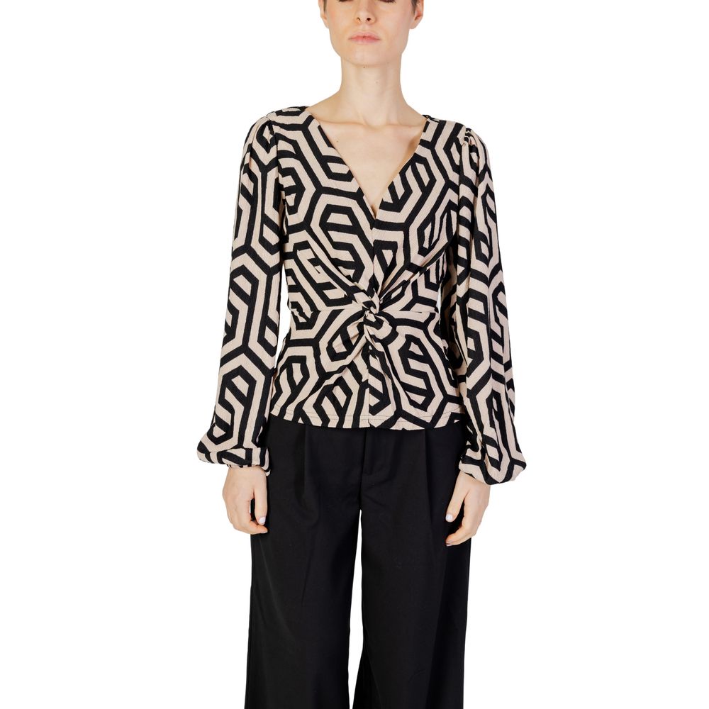 Blouse by Jacqueline De Yong for women in stretch polyester beige & patterned, featuring a nuanced long-sleeve and nuanced v-neck neckline for a sophisticated finish.