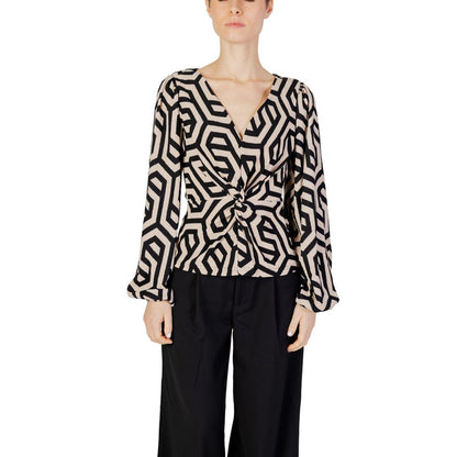 Blouse by Jacqueline De Yong for women in stretch polyester beige & patterned, featuring a nuanced long-sleeve and nuanced v-neck neckline for a sophisticated finish.