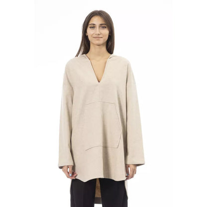 Sweatshirt Hoodie by Alpha Studio for women in wool beige features an avant-garde silhouette, showcasing a sophisticated wrap v-neck hooded neckline and detail for a truly avant-garde finish.