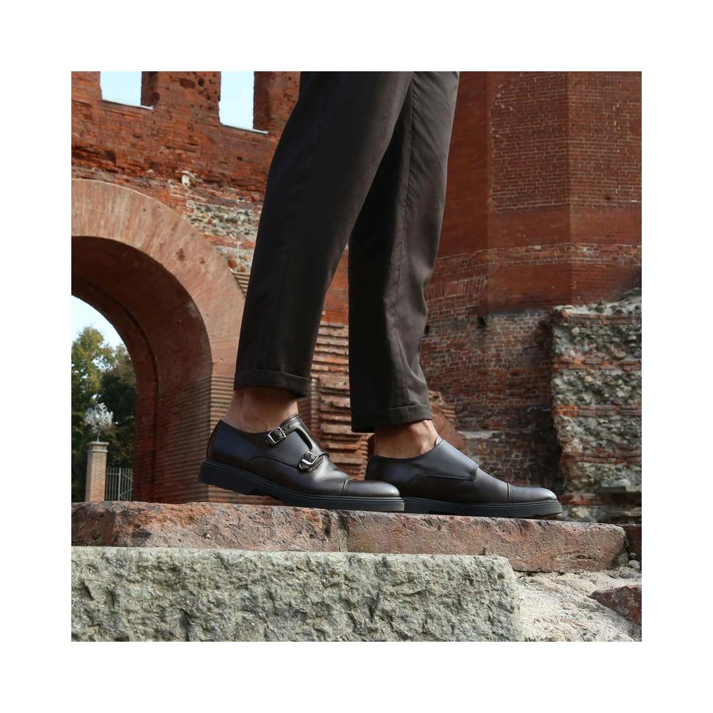 Flat Loafer Slip-On Lace-Up Shoes by Duca di Morrone for men in leather black showcases a resplendent Men's Leather Flat Loafer Slip-On Lace-Up Shoes aesthetic, defined by its resplendent and elegant flat.