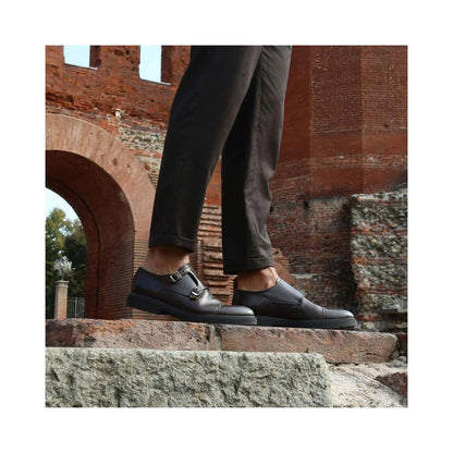 Flat Loafer Slip-On Lace-Up Shoes by Duca di Morrone for men in leather black showcases a resplendent Men's Leather Flat Loafer Slip-On Lace-Up Shoes aesthetic, defined by its resplendent and elegant flat.