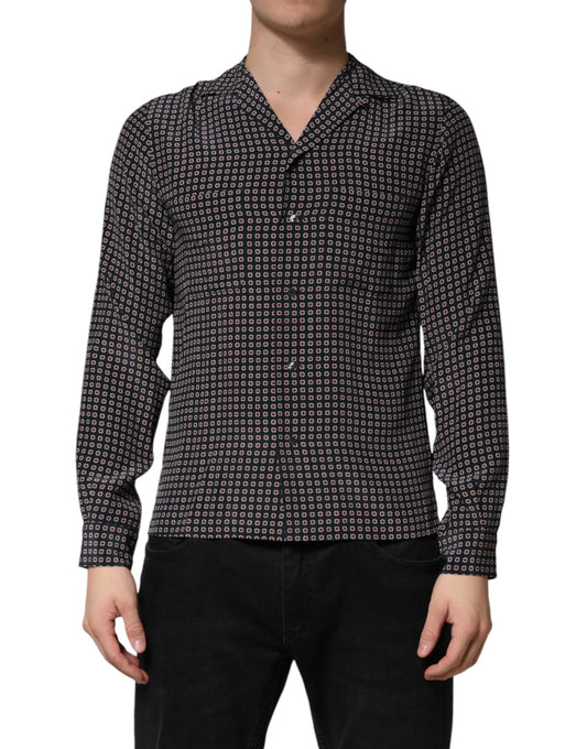 Dolce & Gabbana Crisp Men's Slim Long-Sleeve Silk T-Shirt - Black Patterned