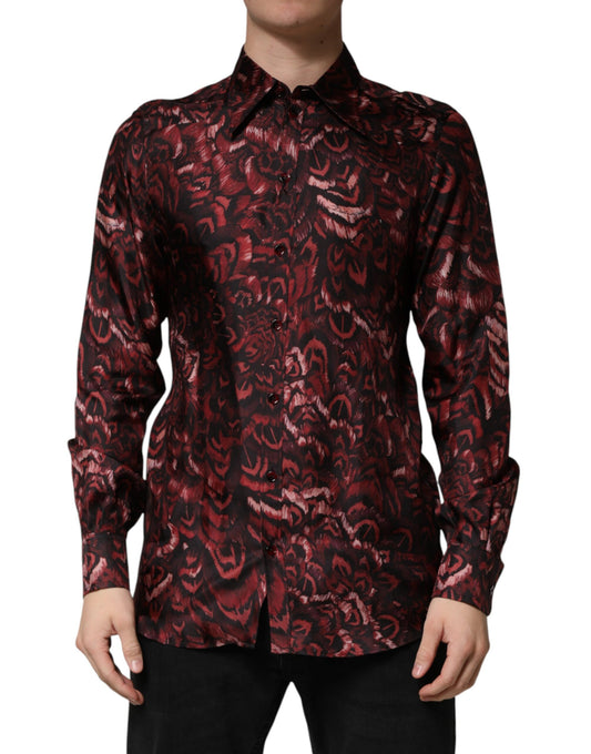Dolce & Gabbana Crisp Men's Slim Long-Sleeve Silk Dress Shirt - Bordeaux Patterned